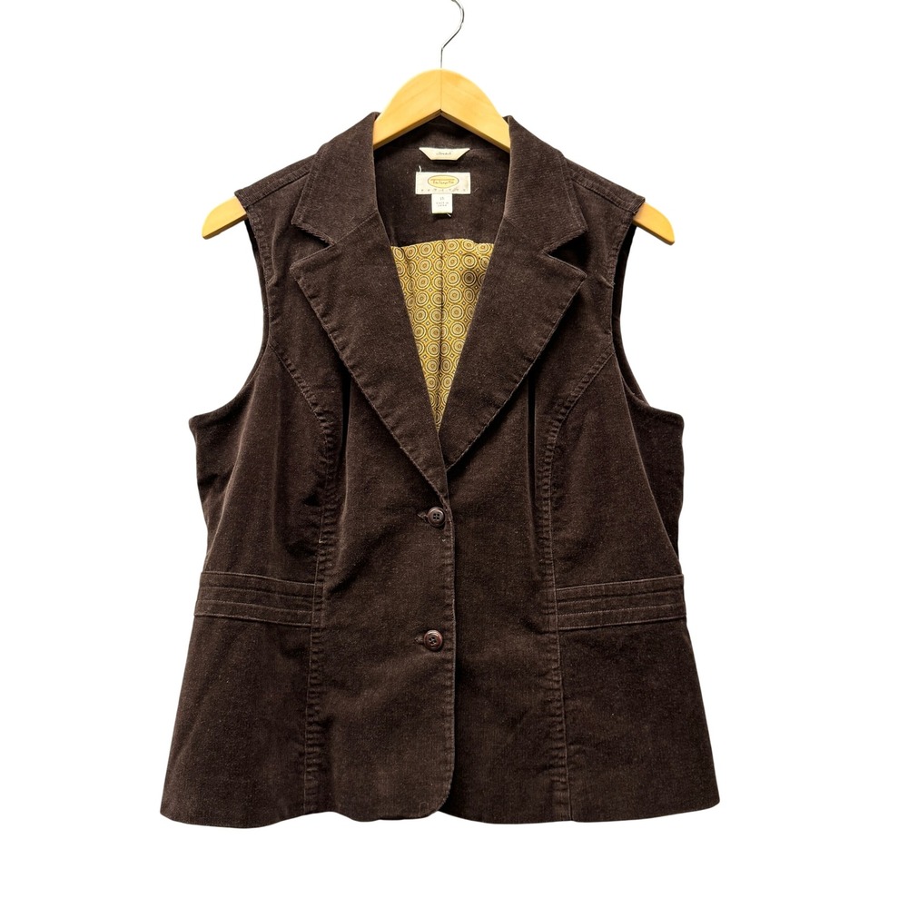 Vintage Talbots Vest Womens 16 Petite 16P Stretch Corduroy Brown Waistcoat